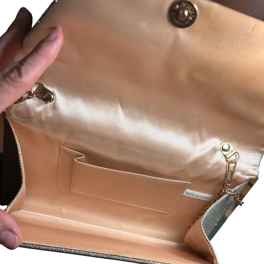 Envelope Clutch Womens Small Champagne‎ Gold Glitter Pleated Evening Bag READ